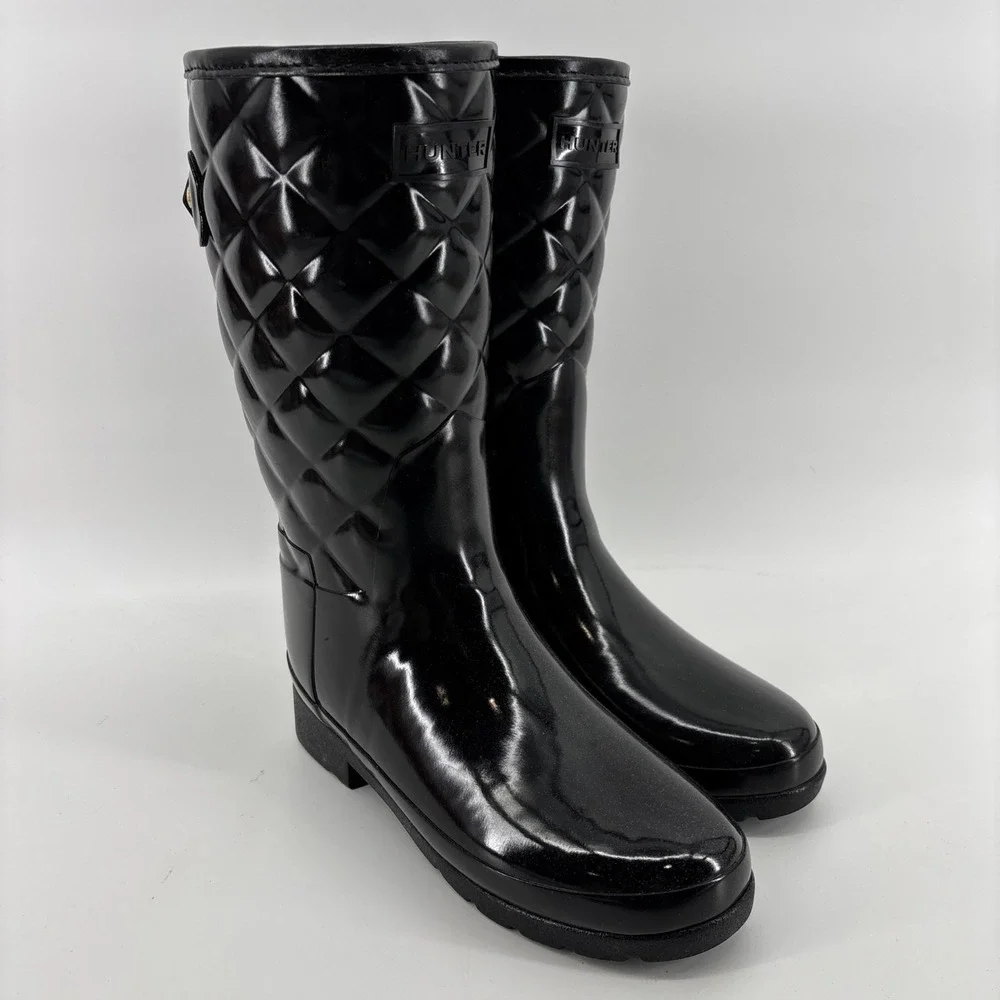 Hunter Refined Black Gloss Quilted Short Rain Boots Women's US 5 EU 36‎ Pull On